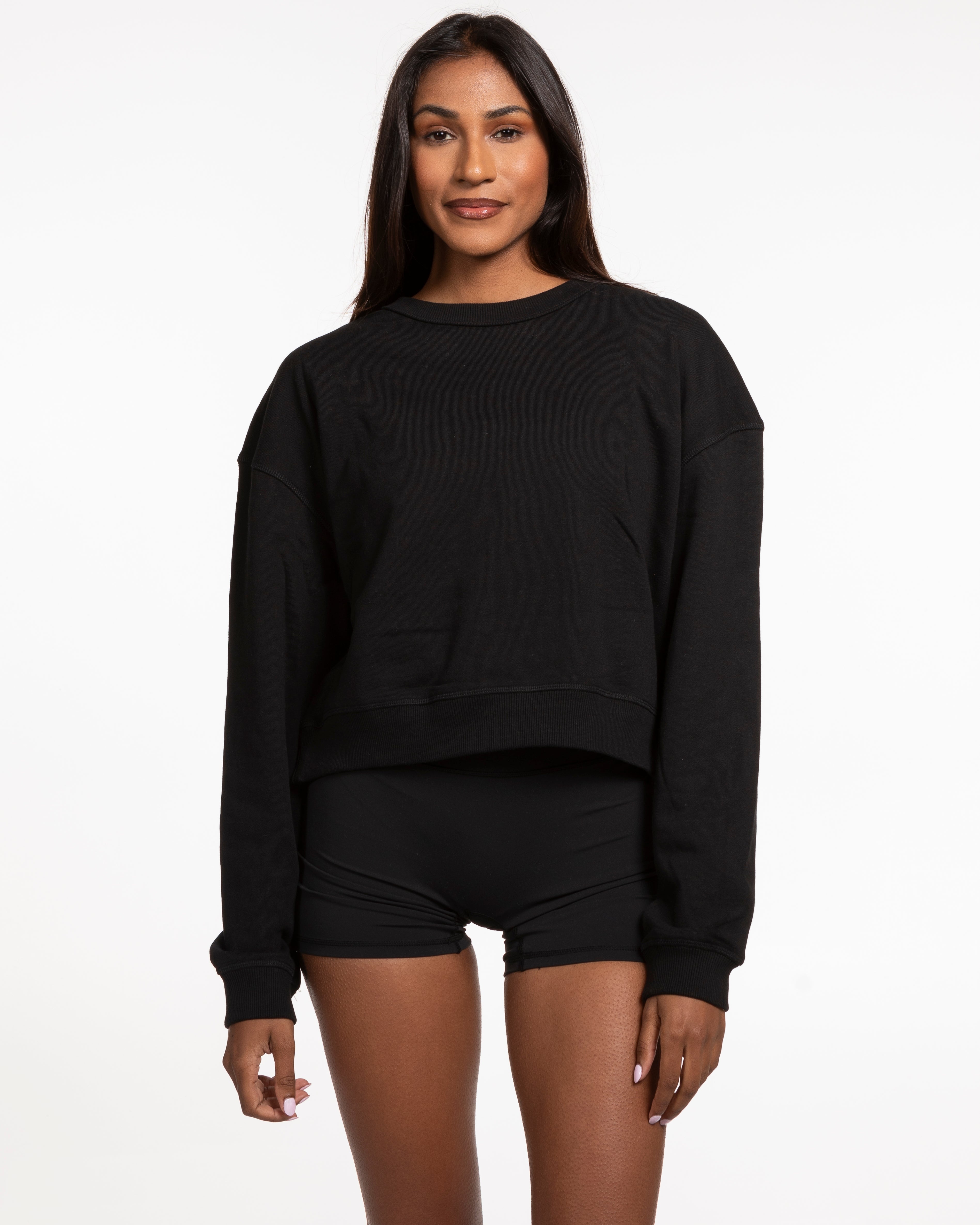 The Crop Terry Crewneck - Black