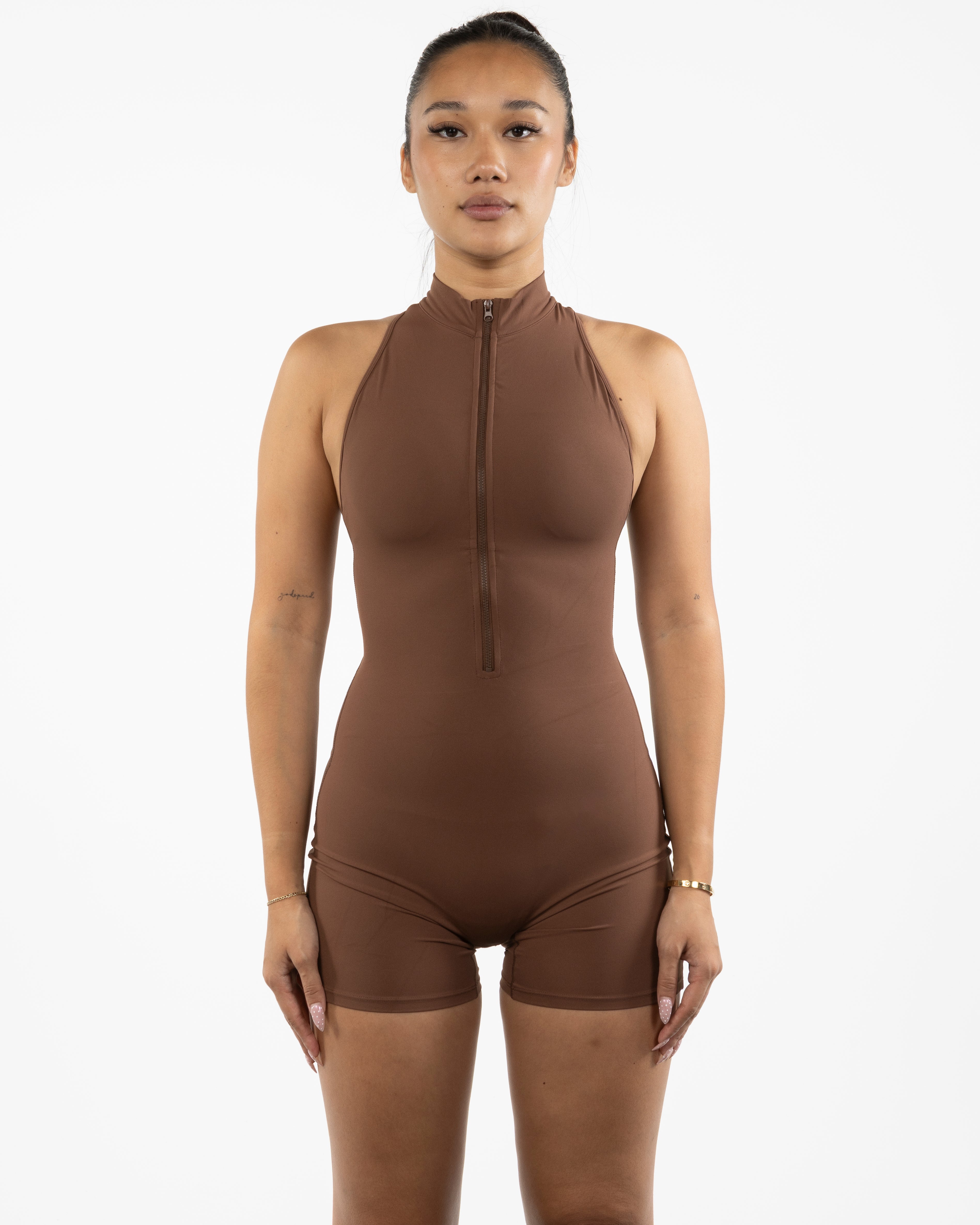 The High Neck Zip Jumpsuit - Brown