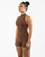 The High Neck Zip Jumpsuit - Brown