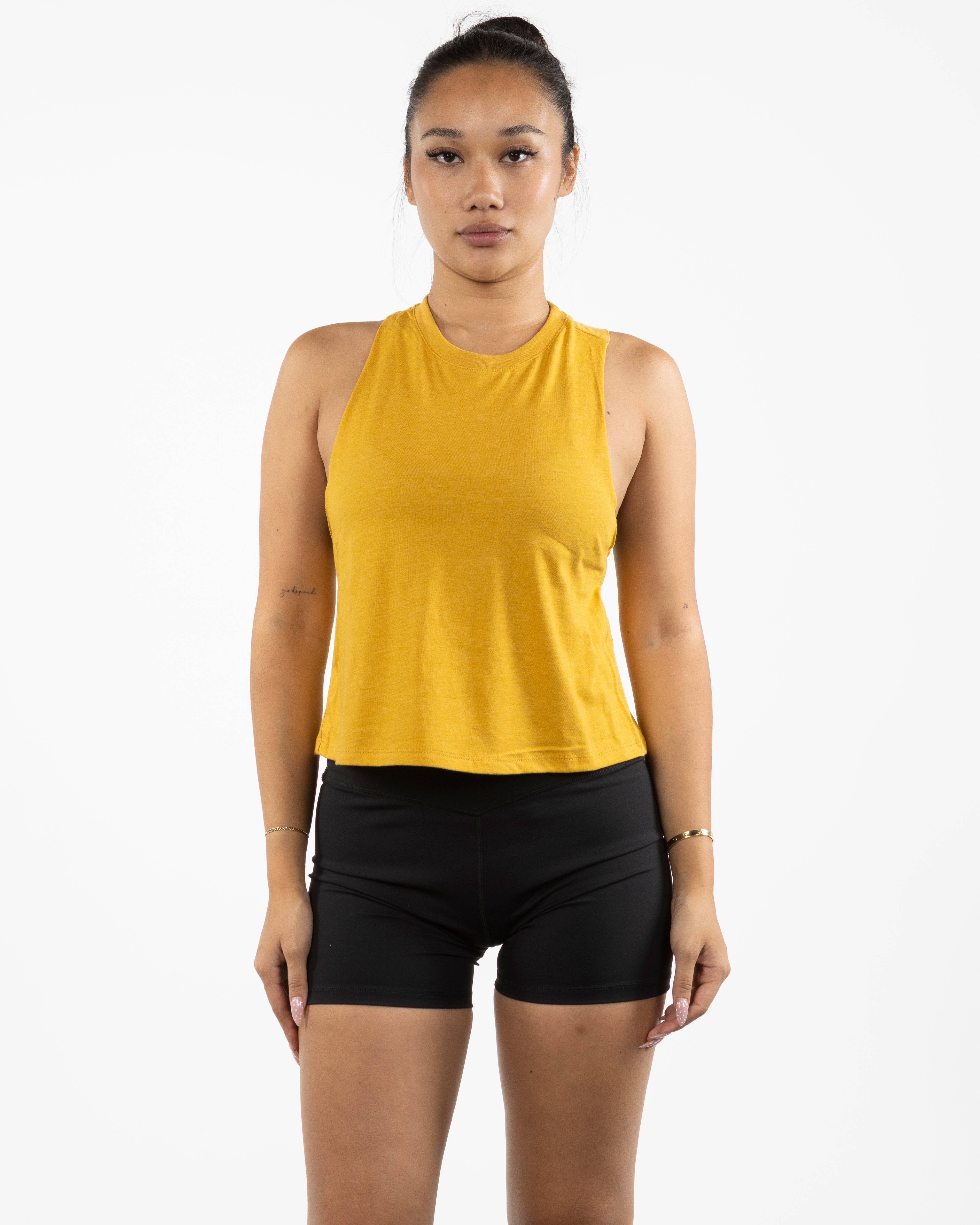 The Crop Muscle Racerback - Heather Mustard