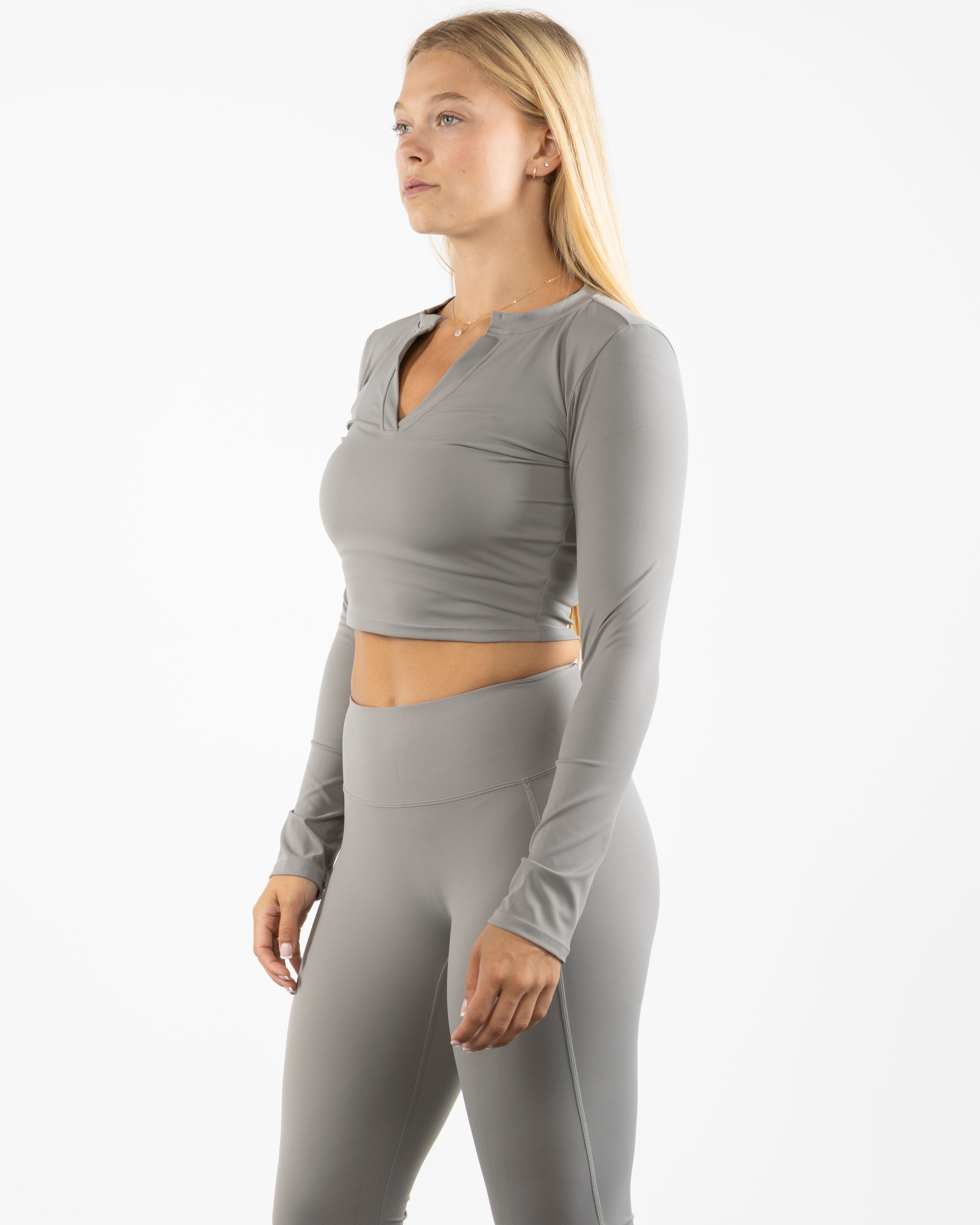 The V Neck Crop Long Sleeve - Grey