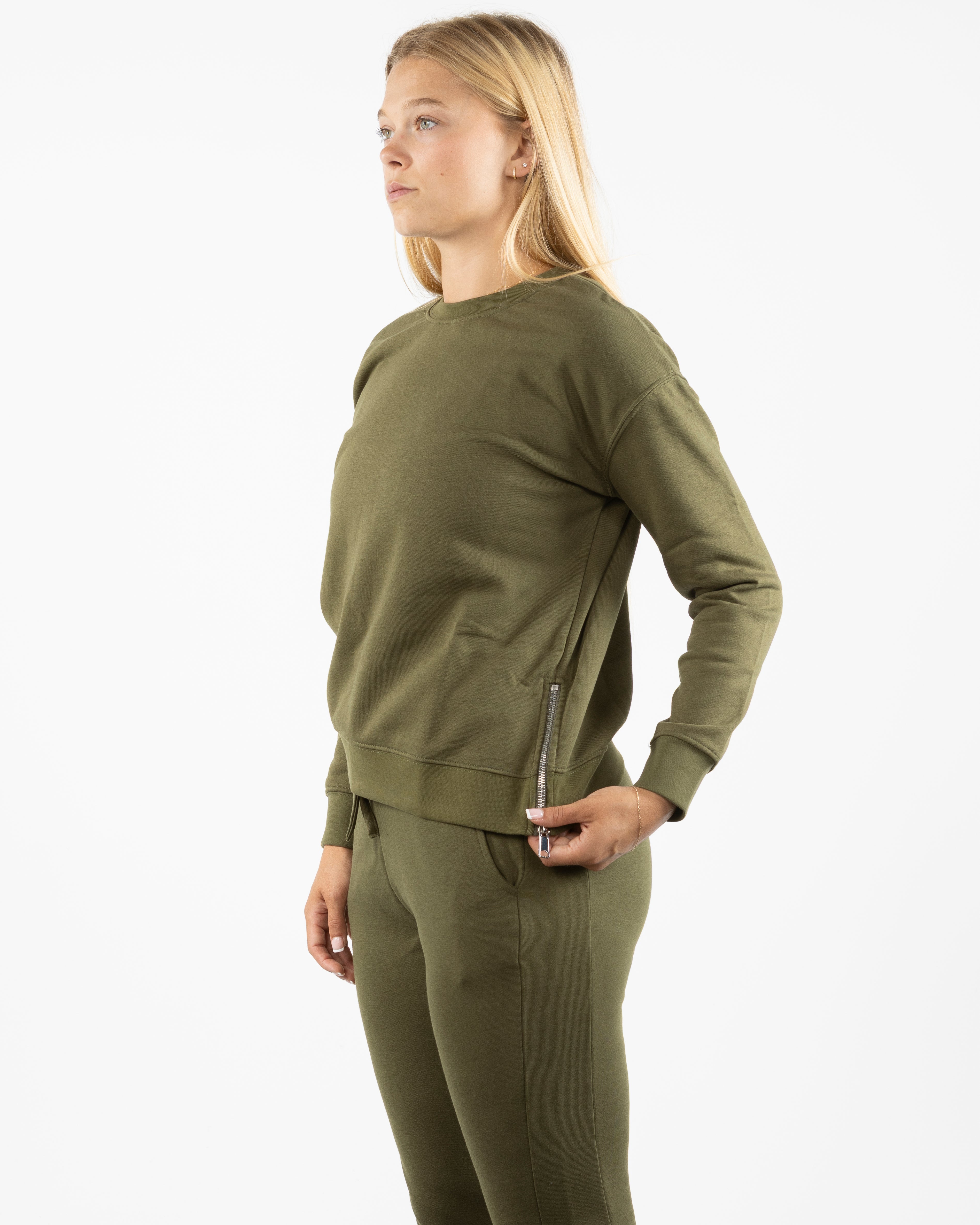 The Side Zip Crewneck - Olive