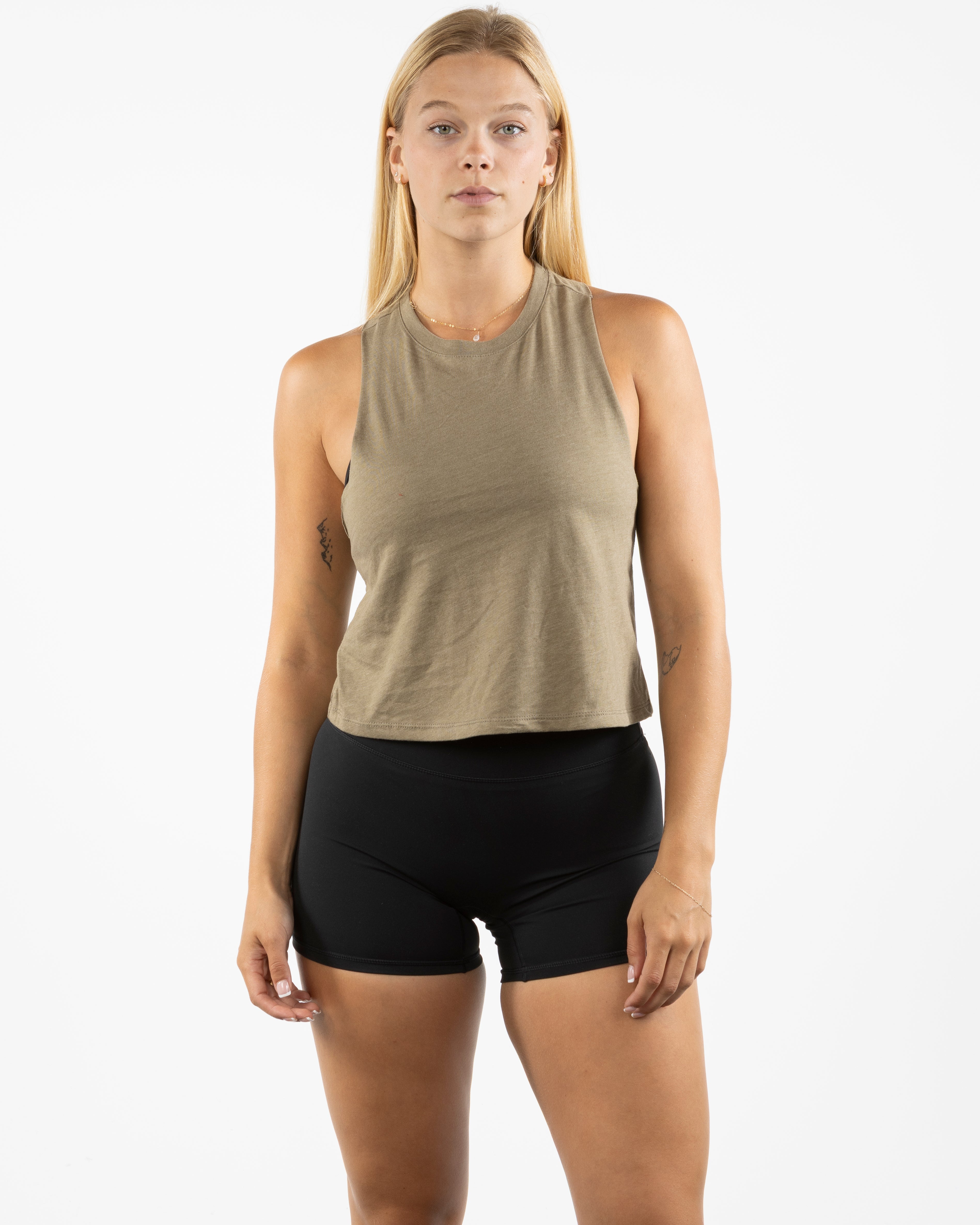 The Crop Muscle Racerback - Heather Olive