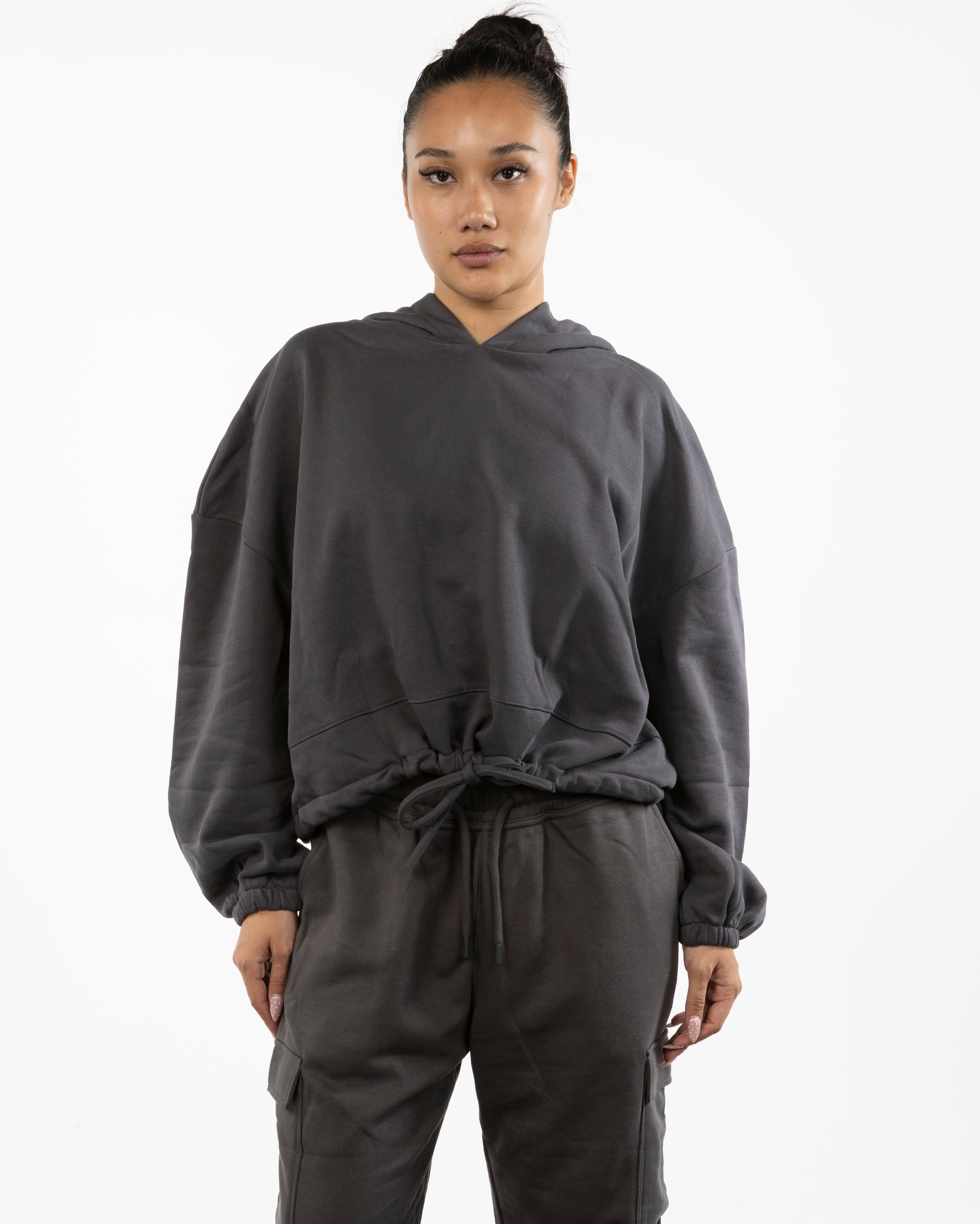 The Cropped Drawstring Hoodie - Charcoal
