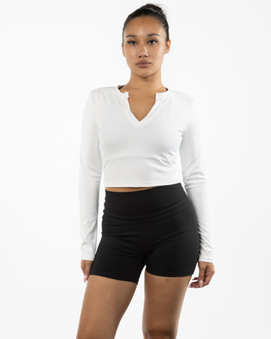 The V Neck Crop Long Sleeve - White