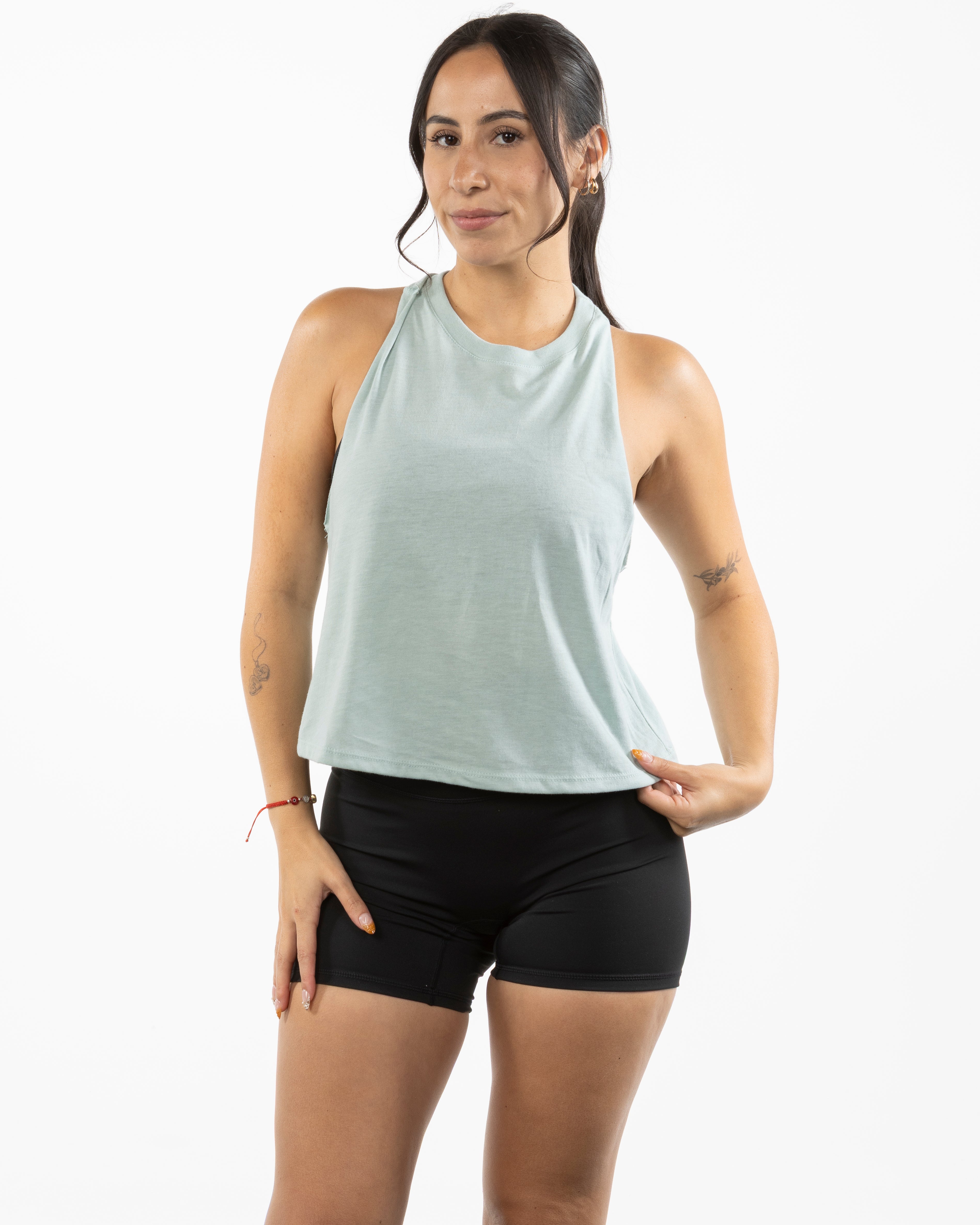 The Crop Muscle Racerback - Heather Dusty Blue